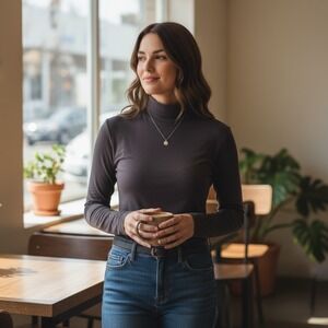 TRN Women's Mockneck Gray Knit Top Size Large Base Layer Cotton Spandex Blend‎